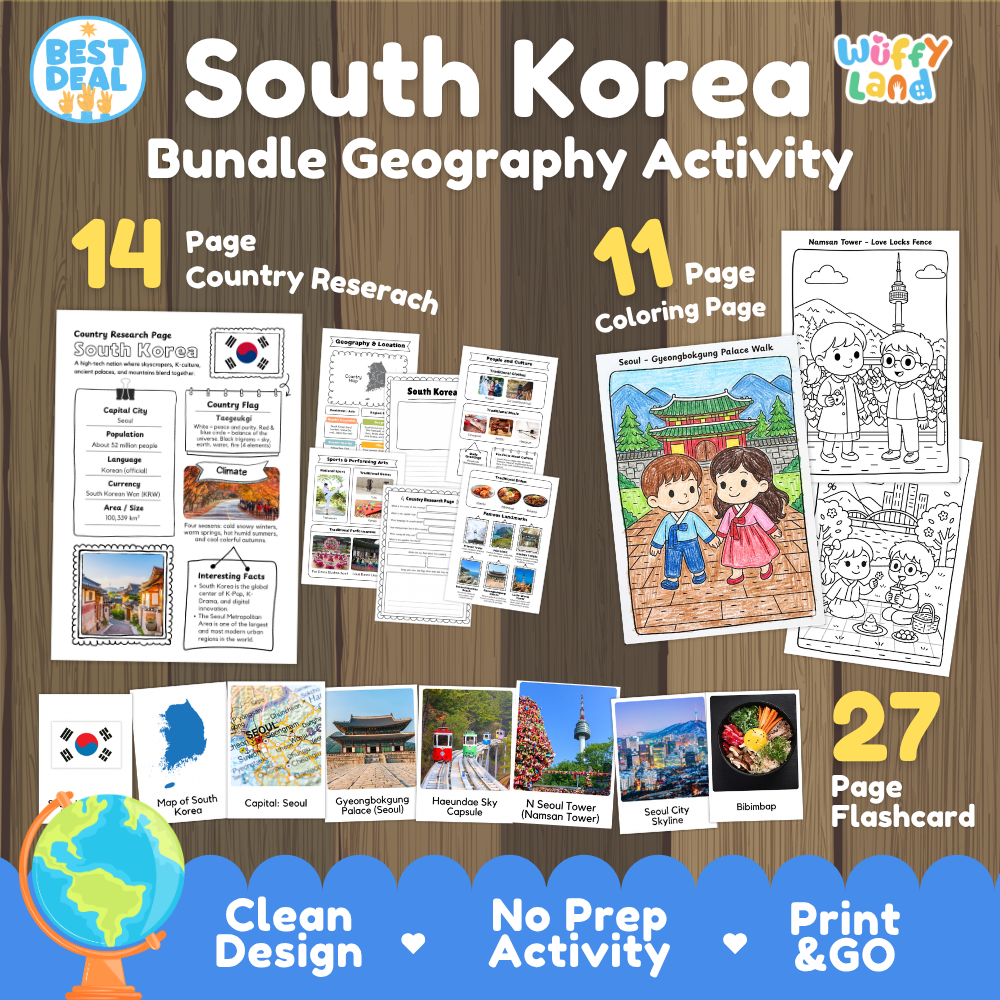 South Korea geography activity bundle cover showing 14 country research pages, 11 coloring pages, and 27 photo flashcards