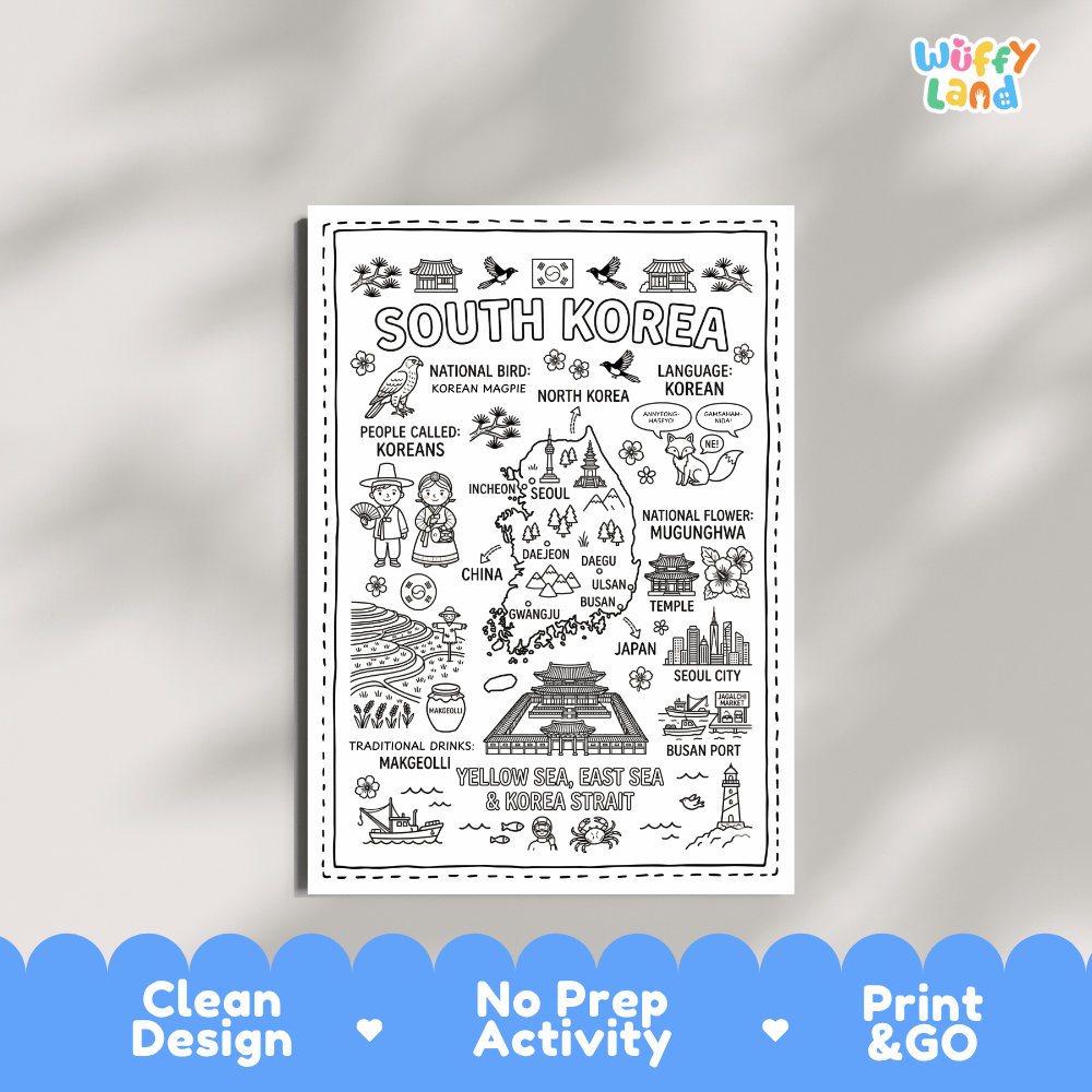 Educational activity coloring page highlighting South Korea's national bird the Korean Magpie and national flower Mugunghwa