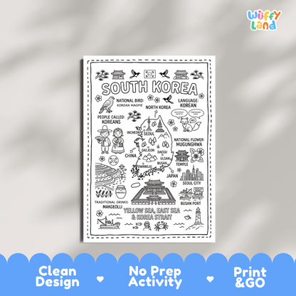 Educational activity coloring page highlighting South Korea's national bird the Korean Magpie and national flower Mugunghwa