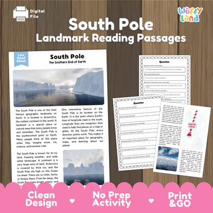 South Pole landmark reading passages educational study unit featuring nonfiction reading worksheets and authentic Antarctic ice sheet photography