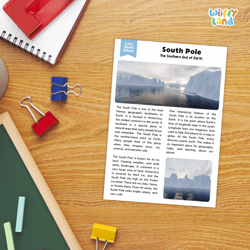 Lined reading comprehension question worksheet covering main ideas vocabulary terms and landmark facts about the South Pole