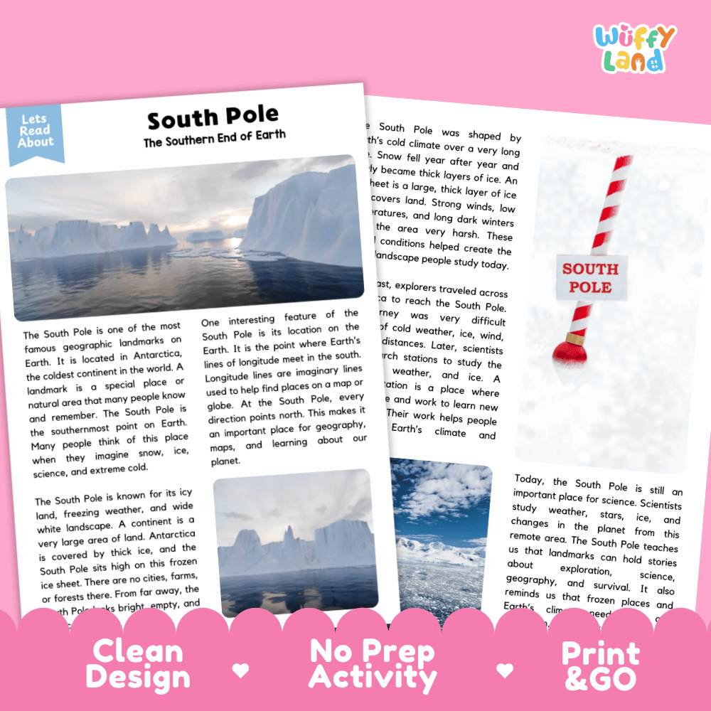 Reference sheet and answer key for South Pole landmark reading passage displaying completed comprehension answers and polar science facts