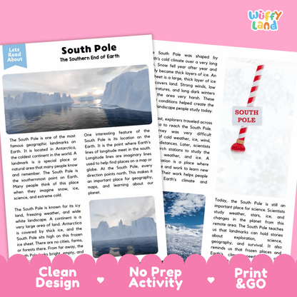 Reference sheet and answer key for South Pole landmark reading passage displaying completed comprehension answers and polar science facts