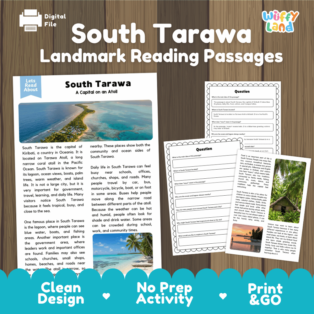 South Tarawa landmark reading passage and comprehension worksheet educational unit featuring nonfiction text and authentic South Tarawa Kiribati coral atoll photography