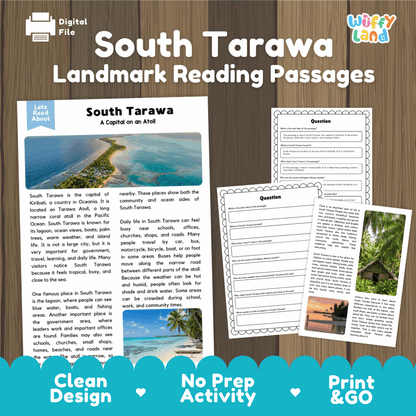 South Tarawa landmark reading passage and comprehension worksheet educational unit featuring nonfiction text and authentic South Tarawa Kiribati coral atoll photography