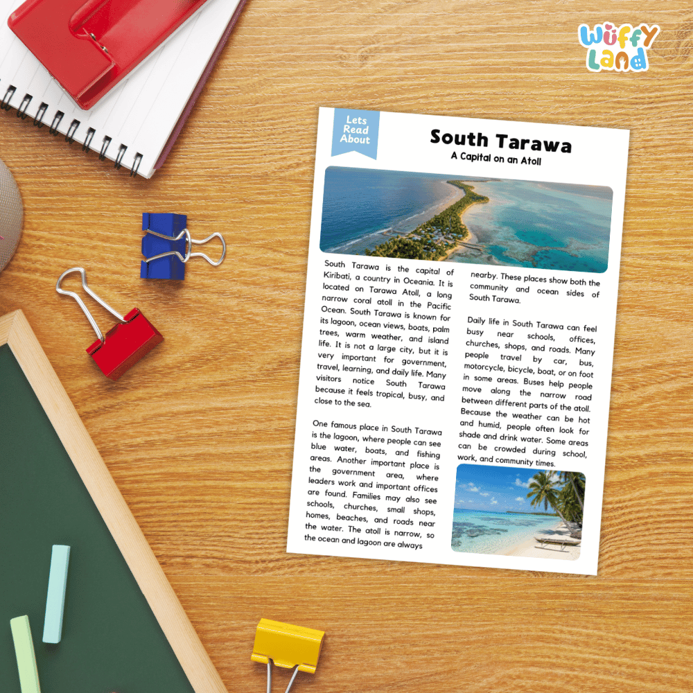 Lined reading comprehension question worksheet covering main ideas vocabulary terms and landmark facts about South Tarawa Kiribati