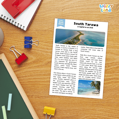 Lined reading comprehension question worksheet covering main ideas vocabulary terms and landmark facts about South Tarawa Kiribati