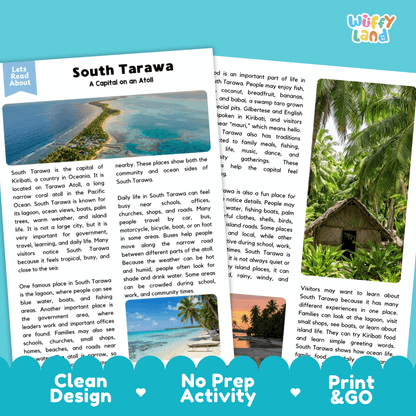 Reference sheet and answer key for South Tarawa landmark reading passage displaying completed comprehension answers and Pacific geography facts