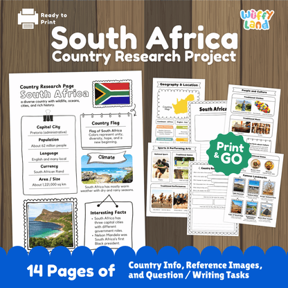A country research project for South Africa, featuring sections on the capital city, population, language, currency, and climate. It also includes information on traditional clothing, music, sports, famous landmarks, and a map of the country.