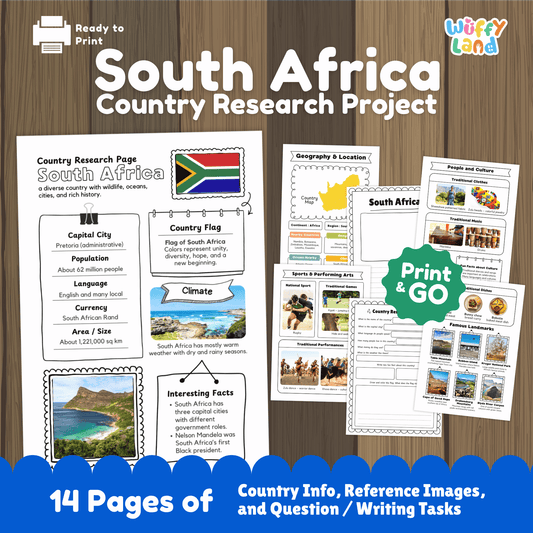 A country research project for South Africa, featuring sections on the capital city, population, language, currency, and climate. It also includes information on traditional clothing, music, sports, famous landmarks, and a map of the country.