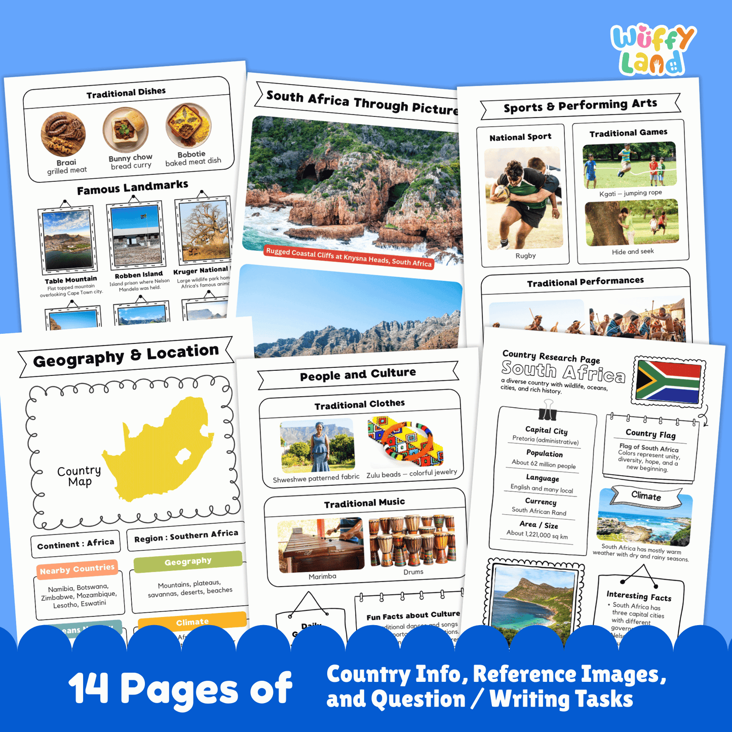 A country research project for South Africa, featuring sections on the capital city, population, language, currency, and climate. It also includes information on traditional clothing, music, sports, famous landmarks, and a map of the country.