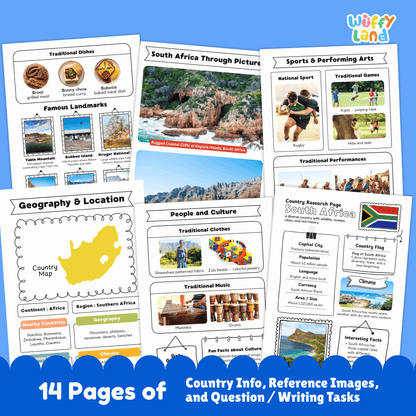 A country research project for South Africa, featuring sections on the capital city, population, language, currency, and climate. It also includes information on traditional clothing, music, sports, famous landmarks, and a map of the country.