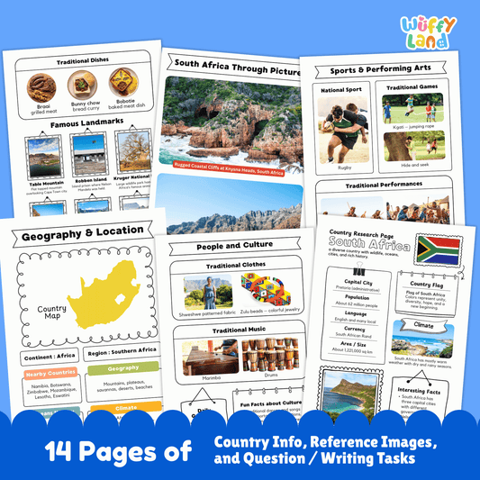 A country research project for South Africa, featuring sections on the capital city, population, language, currency, and climate. It also includes information on traditional clothing, music, sports, famous landmarks, and a map of the country.