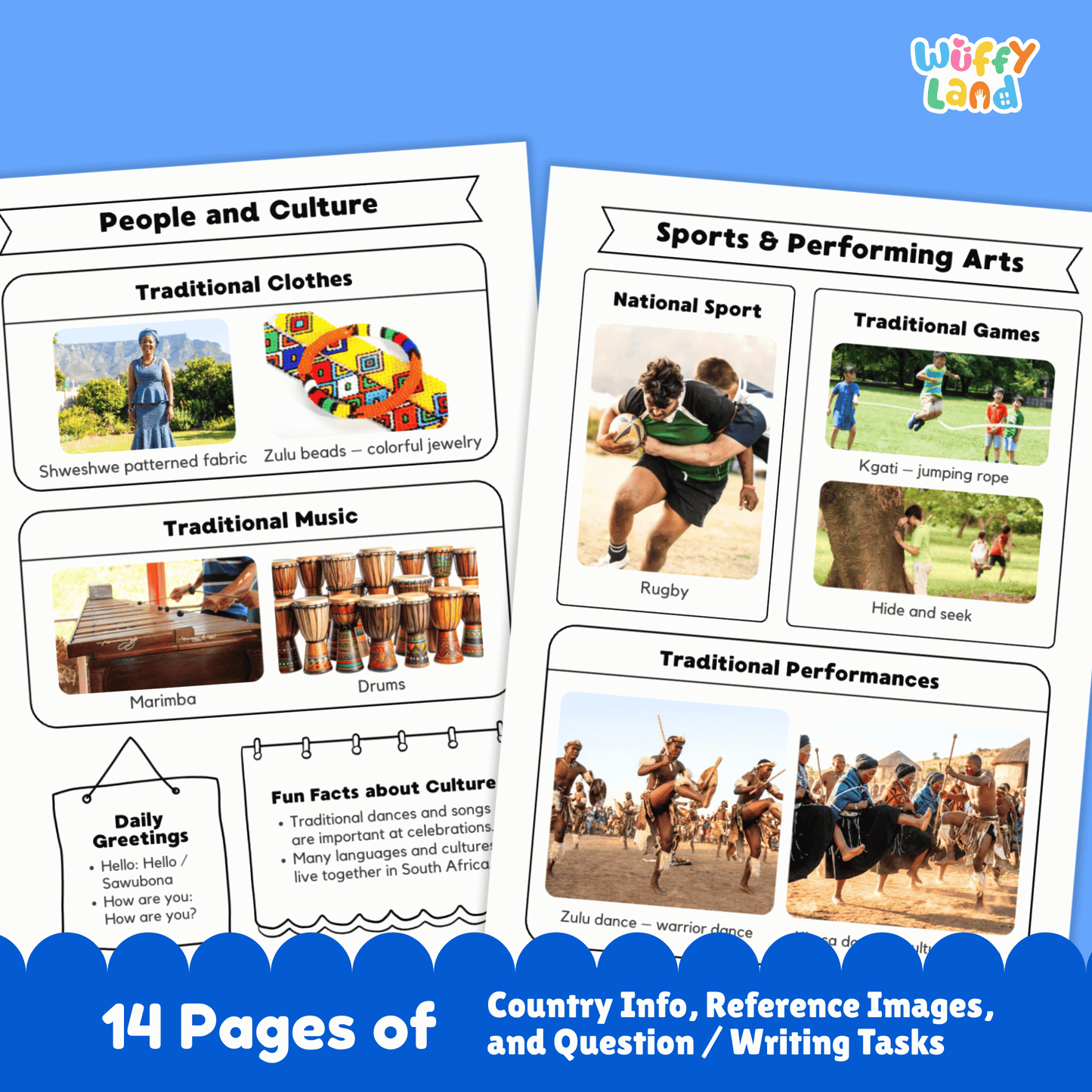 A country research project for South Africa, featuring sections on the capital city, population, language, currency, and climate. It also includes information on traditional clothing, music, sports, famous landmarks, and a map of the country.