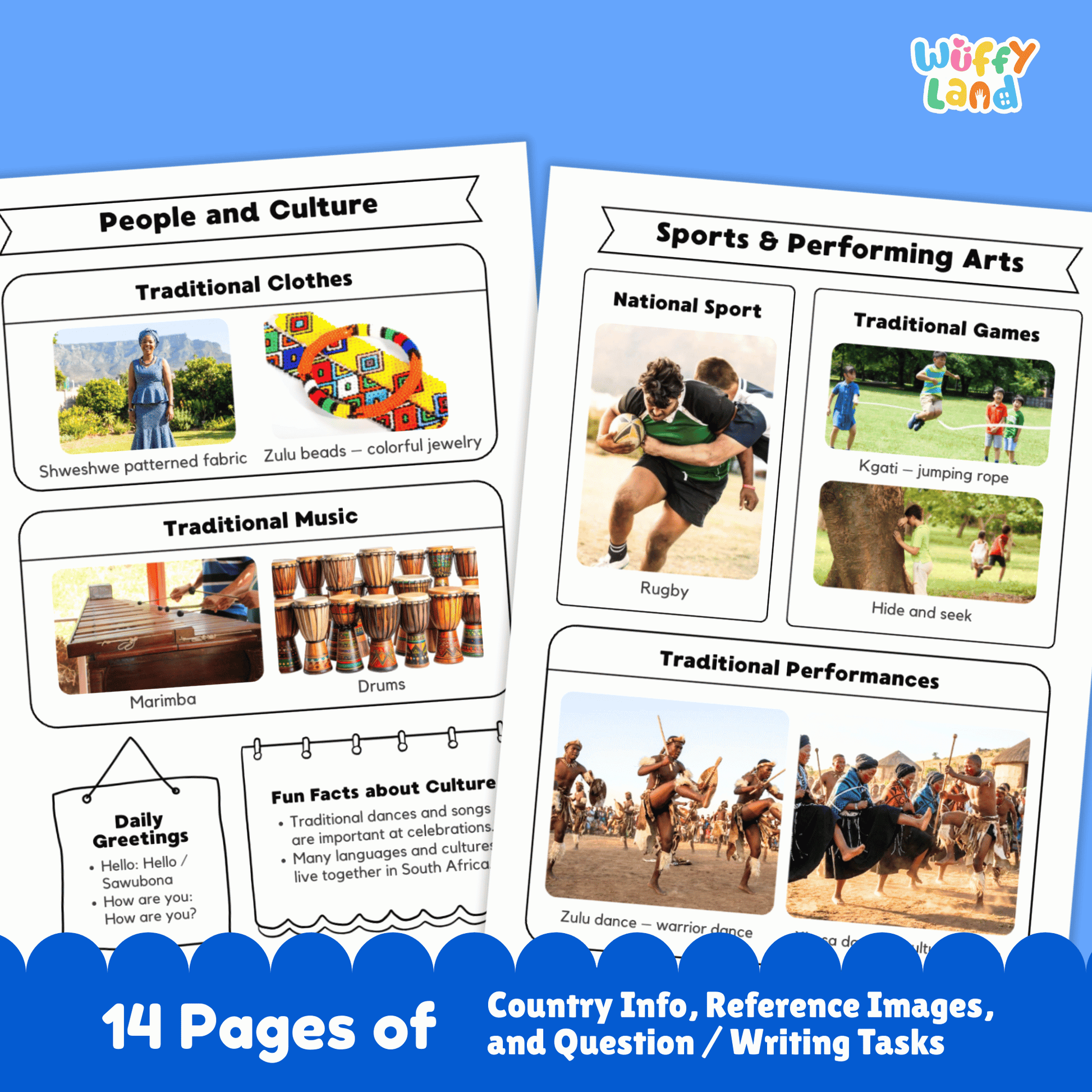 A country research project for South Africa, featuring sections on the capital city, population, language, currency, and climate. It also includes information on traditional clothing, music, sports, famous landmarks, and a map of the country.