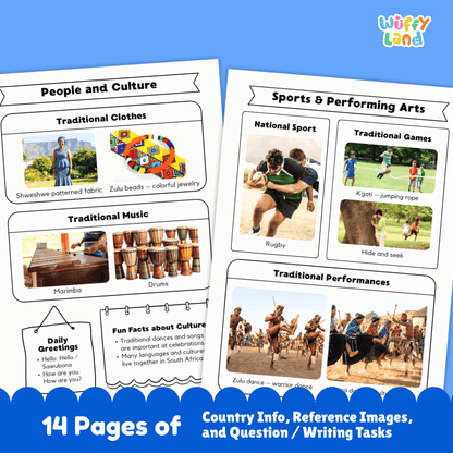 A country research project for South Africa, featuring sections on the capital city, population, language, currency, and climate. It also includes information on traditional clothing, music, sports, famous landmarks, and a map of the country.