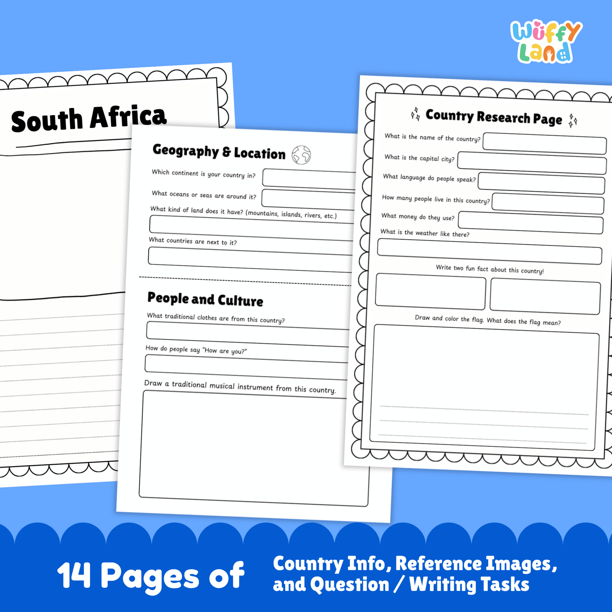 A country research project for South Africa, featuring sections on the capital city, population, language, currency, and climate. It also includes information on traditional clothing, music, sports, famous landmarks, and a map of the country.