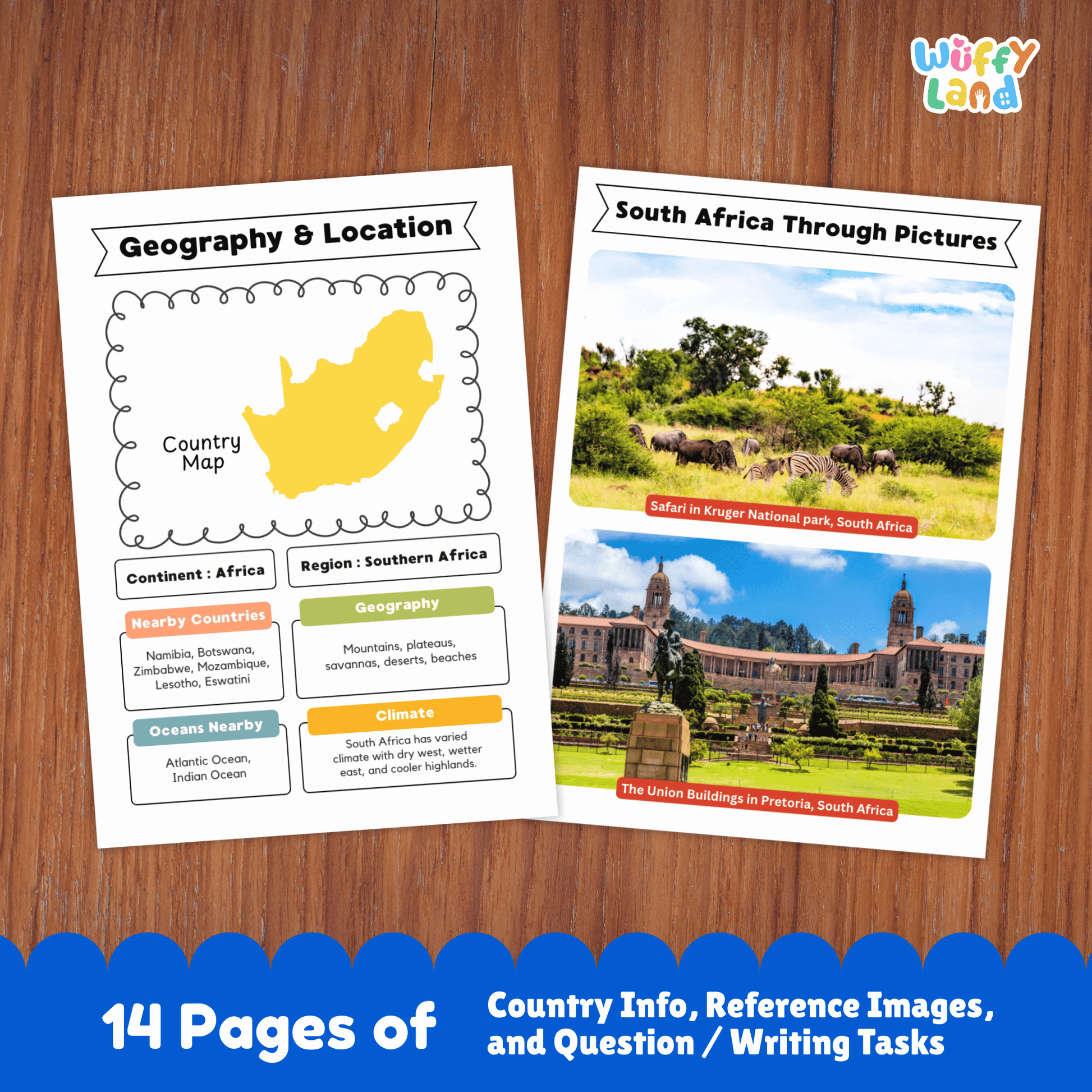 A country research project for South Africa, featuring sections on the capital city, population, language, currency, and climate. It also includes information on traditional clothing, music, sports, famous landmarks, and a map of the country.