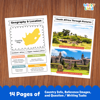 A country research project for South Africa, featuring sections on the capital city, population, language, currency, and climate. It also includes information on traditional clothing, music, sports, famous landmarks, and a map of the country.