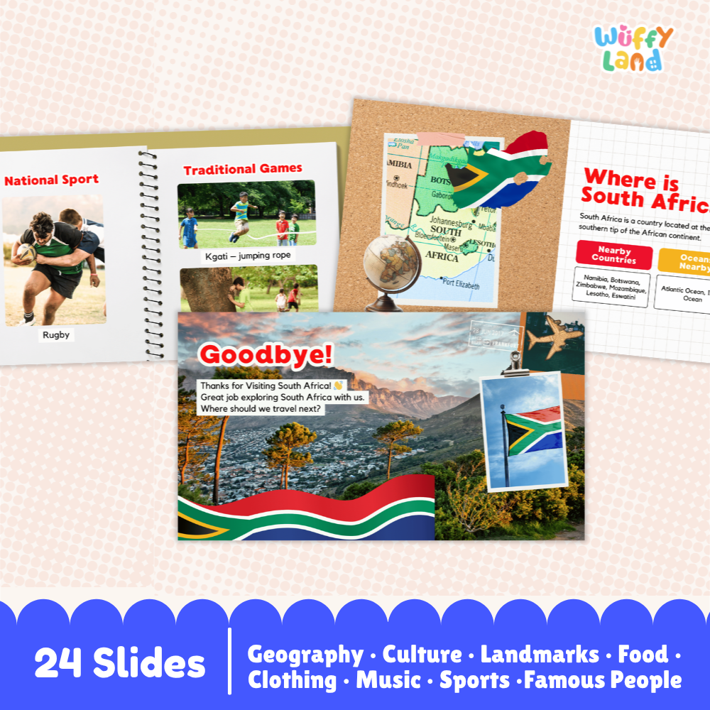 A product preview of a South Africa-themed educational slide deck titled 'Wuffy Land' by 'Wuffytown'. The image shows several sample slides from the 24-slide presentation, including pages about South African sports, traditional games, geography, and landmarks, decorated with the South African flag colors.