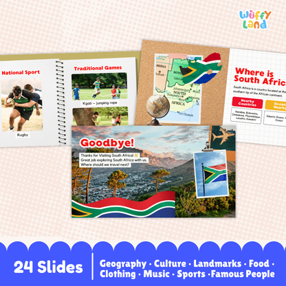 A product preview of a South Africa-themed educational slide deck titled 'Wuffy Land' by 'Wuffytown'. The image shows several sample slides from the 24-slide presentation, including pages about South African sports, traditional games, geography, and landmarks, decorated with the South African flag colors.