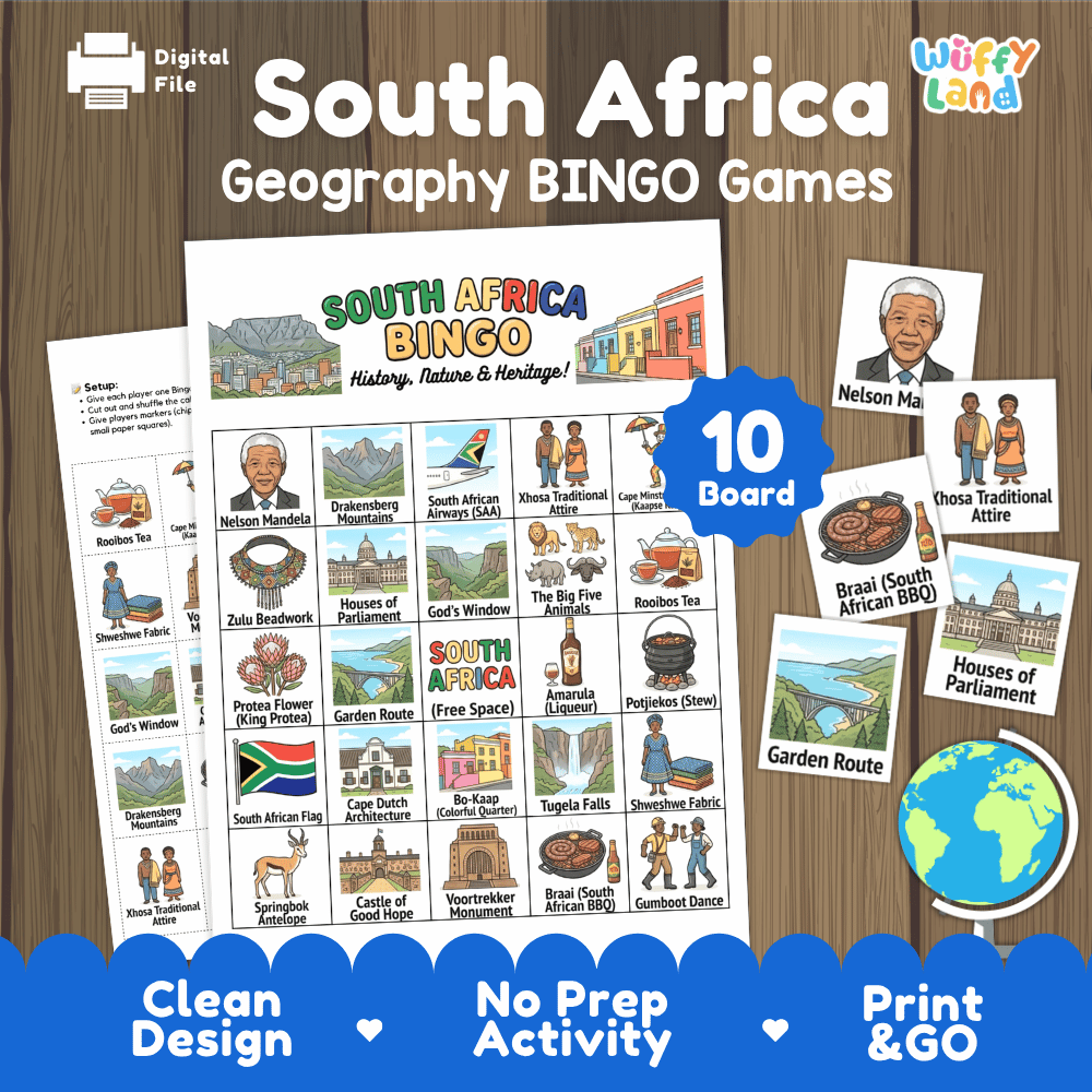 South Africa Geography BINGO Game | South African Culture and Landmarks Printable Activity