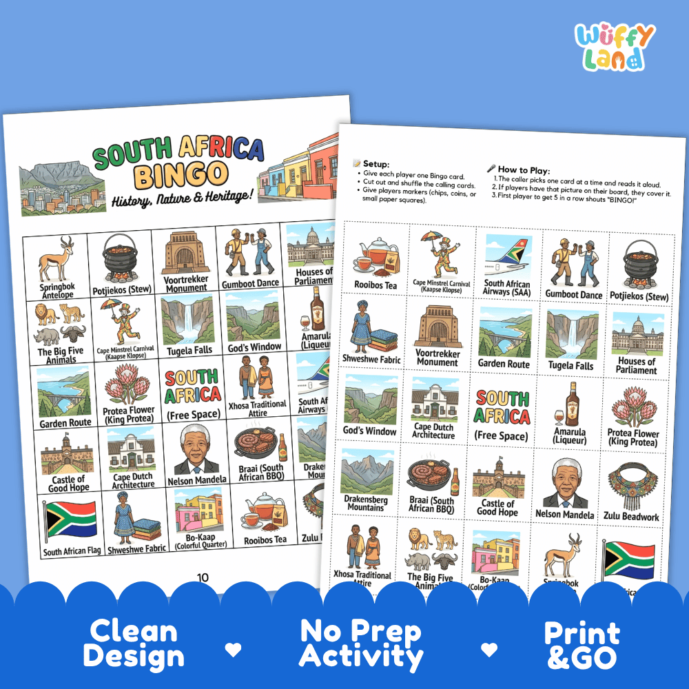 South Africa Geography BINGO Game | South African Culture and Landmarks Printable Activity