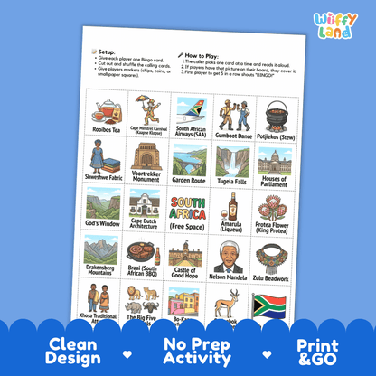 South Africa Geography BINGO Game | South African Culture and Landmarks Printable Activity