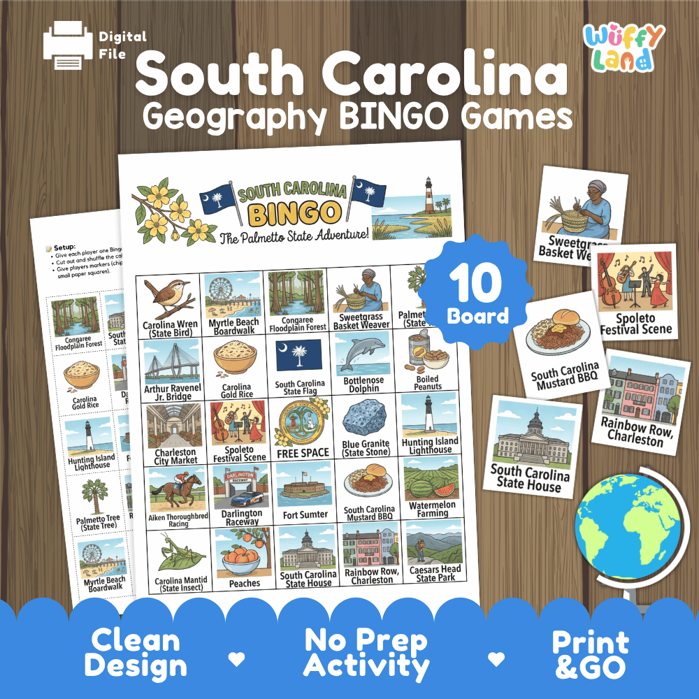South Carolina Geography BINGO Game Palmetto State Activity Printable Boards