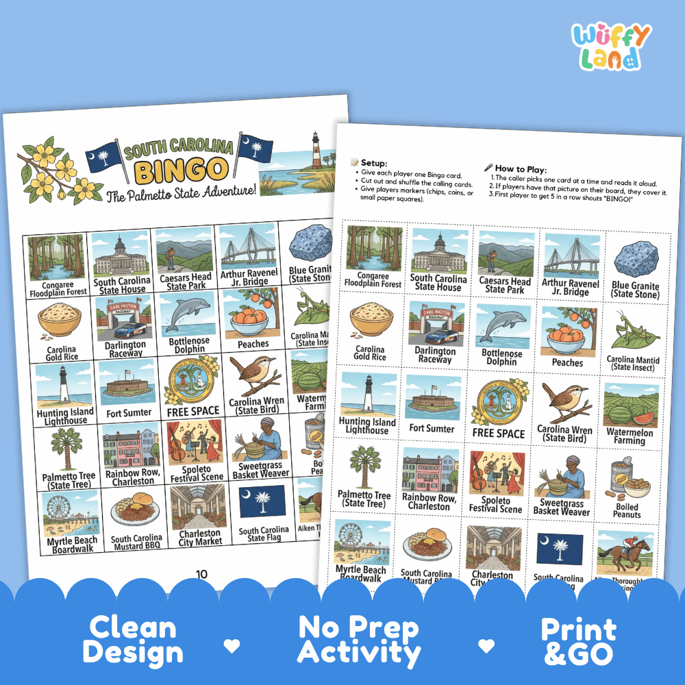 South Carolina Geography BINGO Game Palmetto State Activity Printable Boards