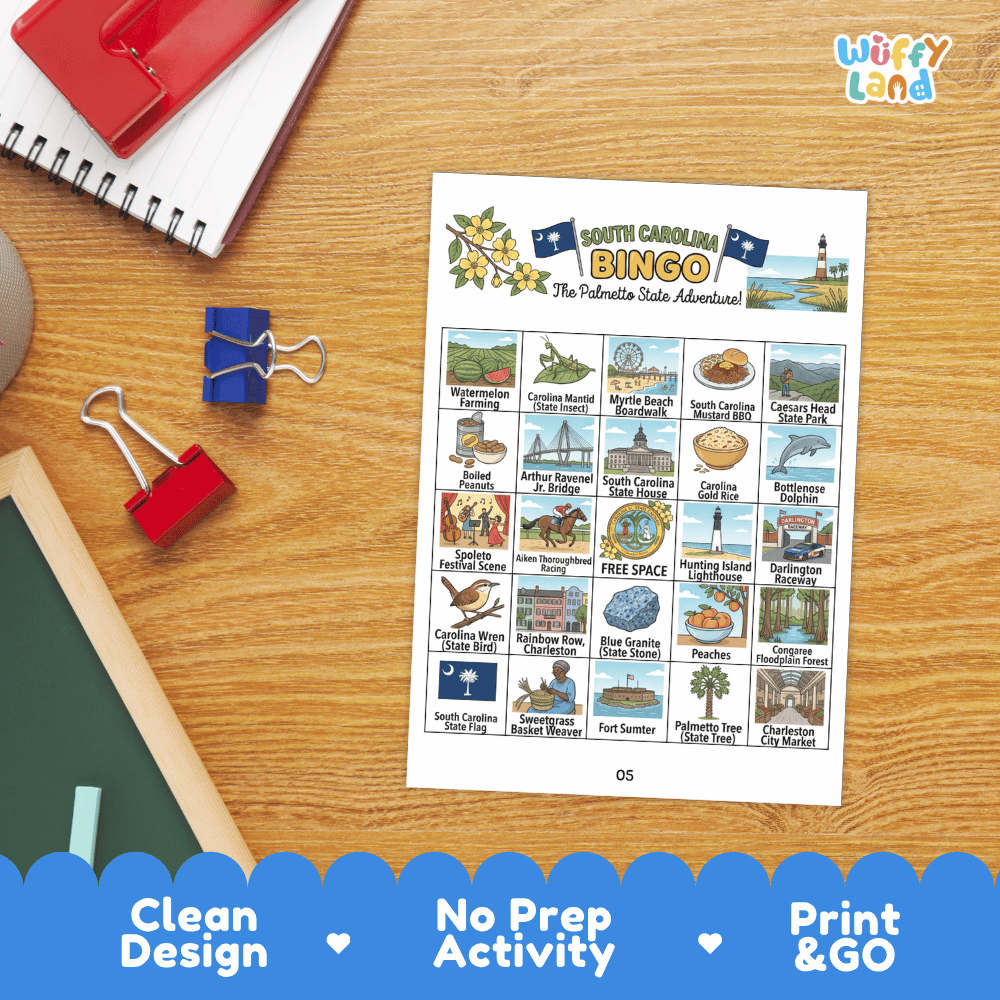 South Carolina Geography BINGO Game Palmetto State Activity Printable Boards