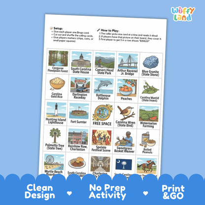 South Carolina Geography BINGO Game Palmetto State Activity Printable Boards