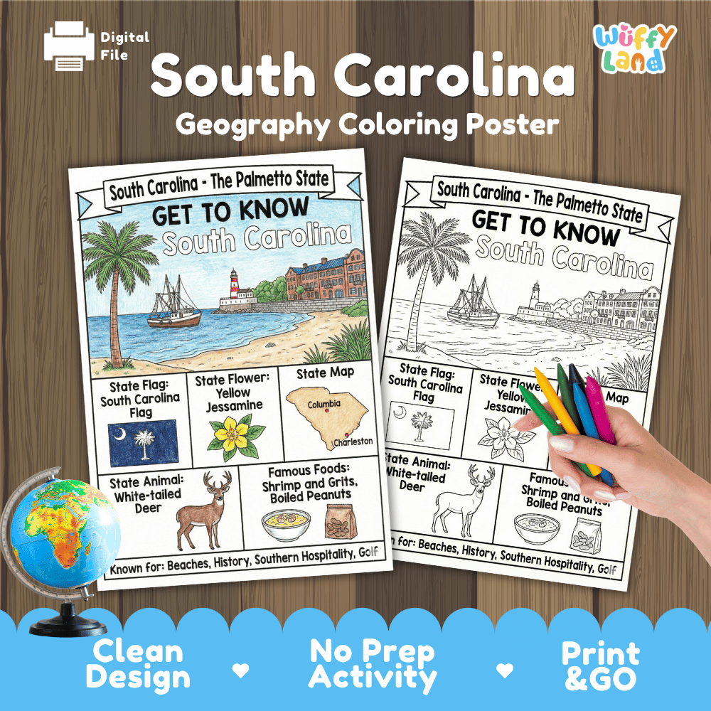 South Carolina Geography Coloring Poster Worksheets