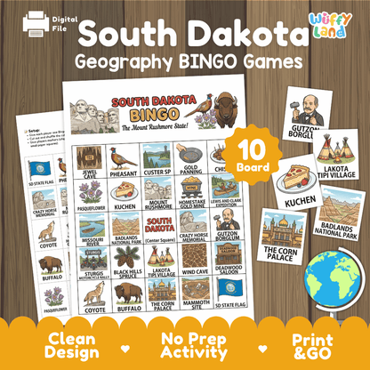 South Dakota Geography BINGO Game Mount Rushmore State Activity Printable Boards