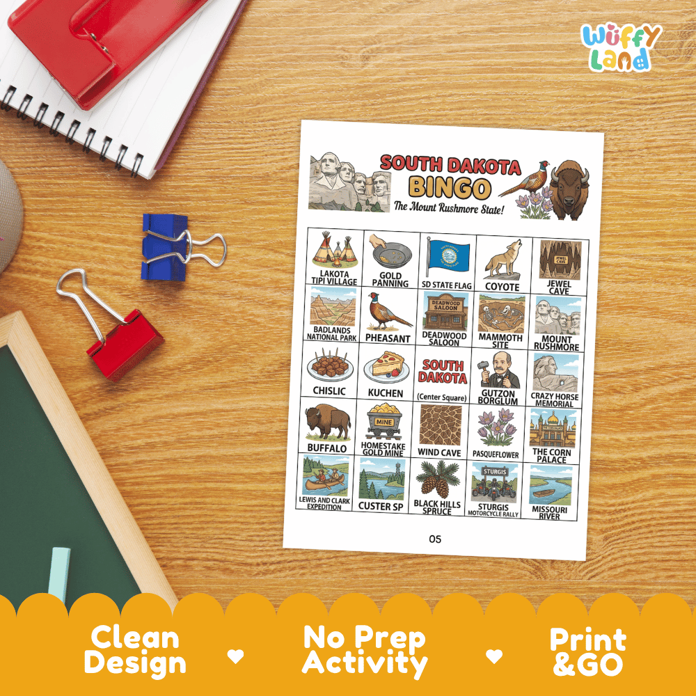 South Dakota Geography BINGO Game Mount Rushmore State Activity Printable Boards