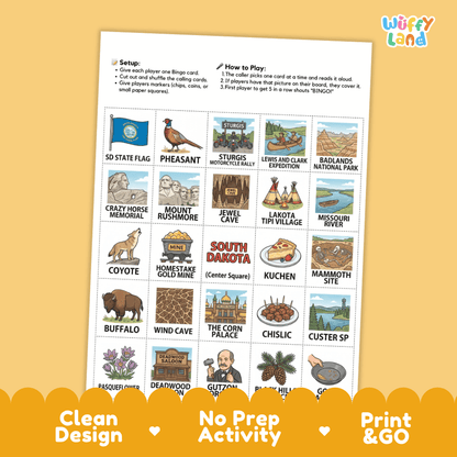South Dakota Geography BINGO Game Mount Rushmore State Activity Printable Boards