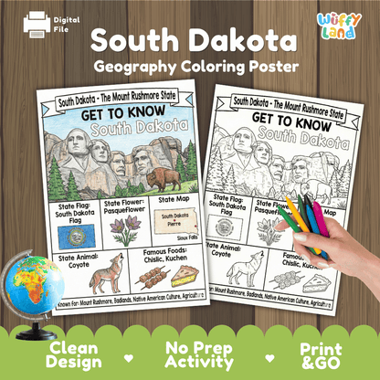 South Dakota Geography Coloring Poster Worksheets