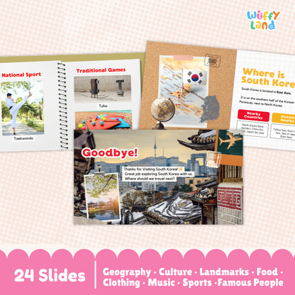 A collage-style preview of a South Korea travel-themed educational slide deck titled 'Wuffy Land,' showing multiple printed slide layouts with photos, text, maps, and cultural elements. The image includes a pink patterned background, a corkboard-style panel, and a pink banner at the bottom reading '24 Slides' with categories like Geography, Culture, Landmarks, Food, Clothing, Music, Sports, and Famous People.