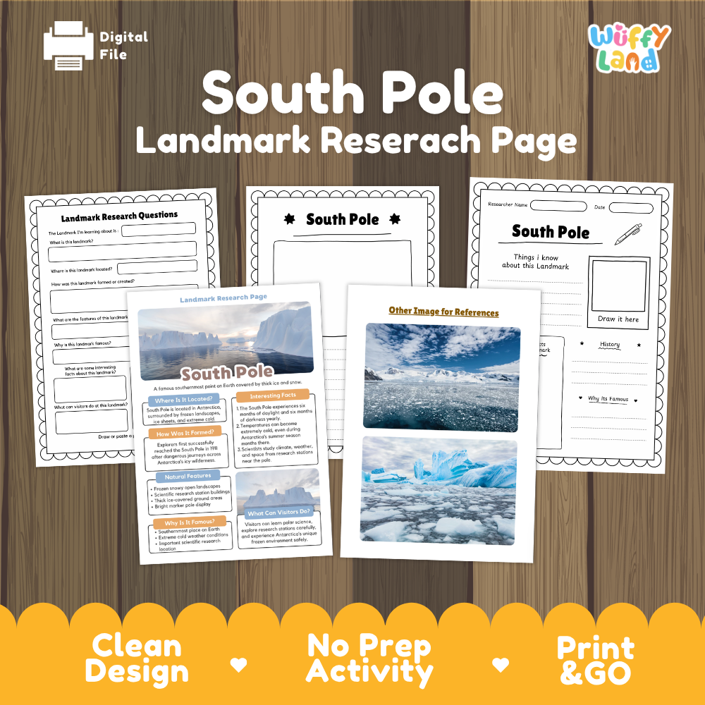 A digital printable activity sheet set titled 'South Pole Landmark Research Page' shown on a wood-grain background. The set includes worksheet pages and a reference image page with polar landscape photos.
