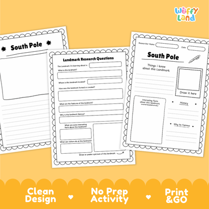 Three printable worksheet pages about South Pole displayed on a warm yellow background with decorative text banners. The worksheets have black decorative borders and printed headings including 'South Pole' and 'Landmark Research Questions.