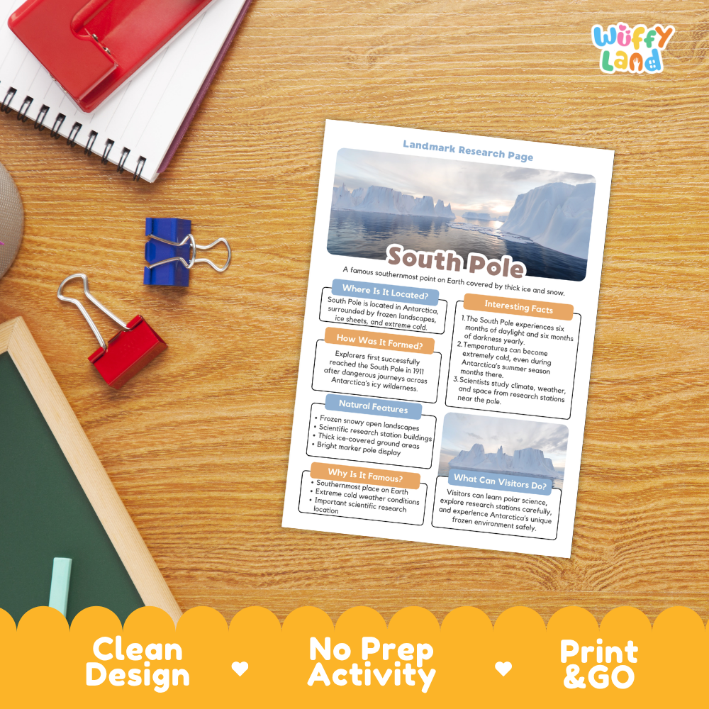 A printed educational activity sheet titled 'South Polo' about landmass research lies on a wooden desk, surrounded by school supplies like a red notebook, blue binder clips, and a green chalkboard. The sheet has a scenic polar landscape photo at the top and text sections below.
