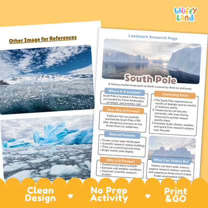 An educational activity sheet titled 'Landmark Research Page: South Pole' shown alongside a reference photo of icy polar landscapes. The sheet includes text boxes about location, formation, natural features, and visitor information.