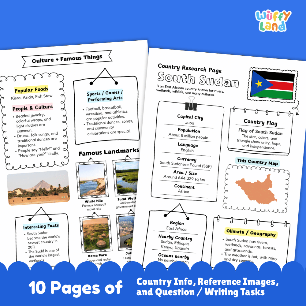 South Sudan Country Research Project Worksheets and Activity Pages