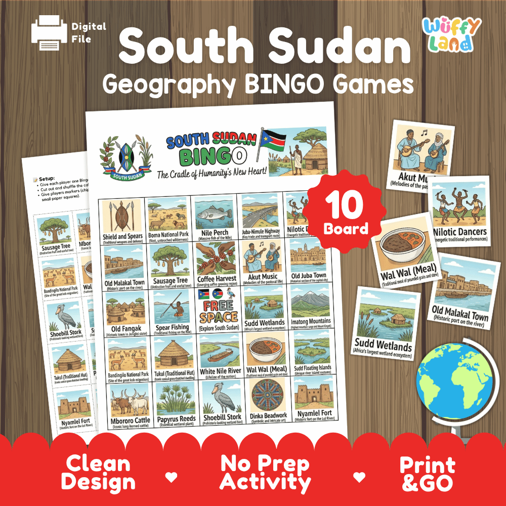 South Sudan Geography BINGO Game East African Country Study Activity Printable Boards