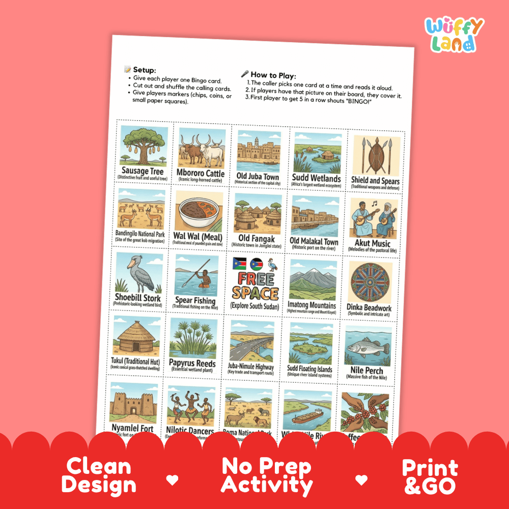 South Sudan Geography BINGO Game East African Country Study Activity Printable Boards