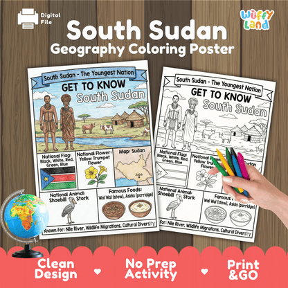 South Sudan Country Study Geography Coloring Page Worksheet Activity | Africa