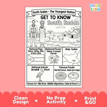 South Sudan Country Study Geography Coloring Page Worksheet Activity | Africa