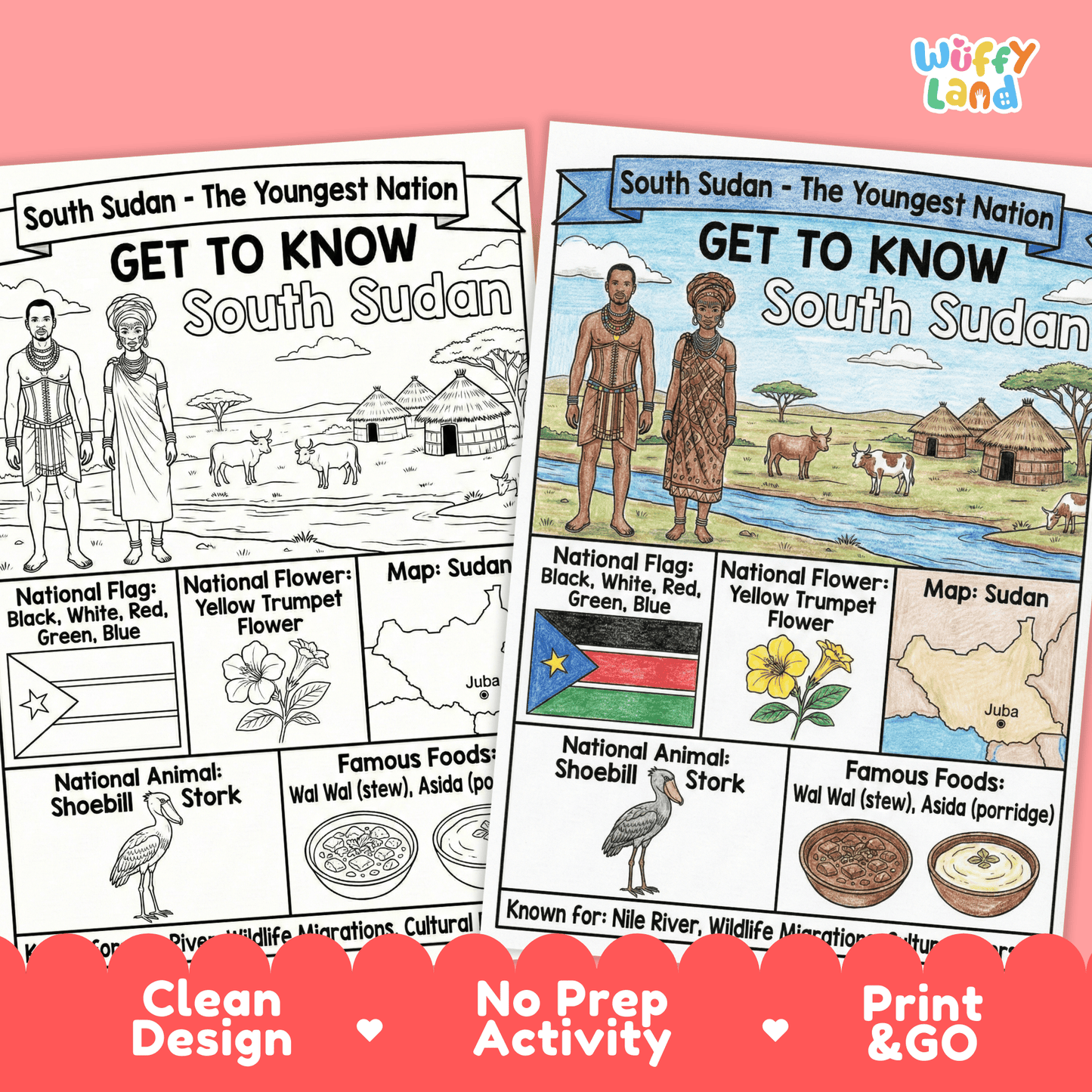 South Sudan Country Study Geography Coloring Page Worksheet Activity | Africa