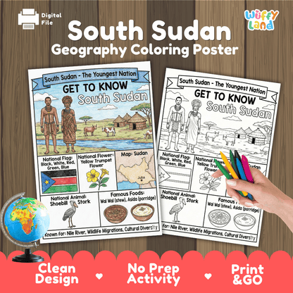 South Sudan Geography Coloring Poster | Country Study Research Worksheet Activity