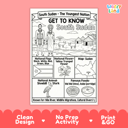 South Sudan Geography Coloring Poster | Country Study Research Worksheet Activity